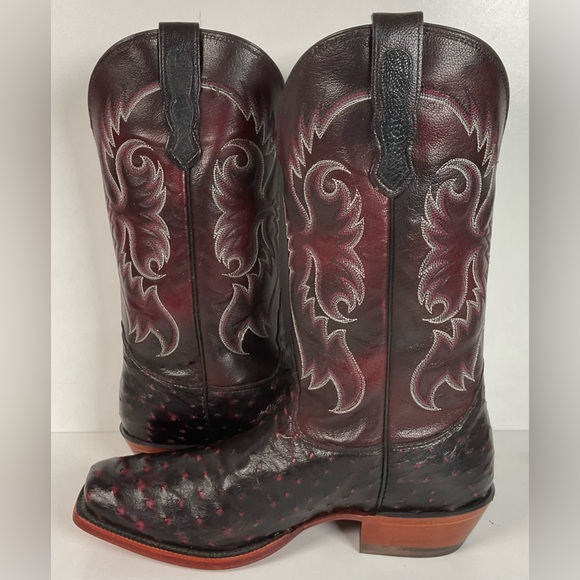 Nocona Black Cherry Ostrich Quill Cowboy Boots 9 EE Handcrafted USA Made - Picture 13 of 14